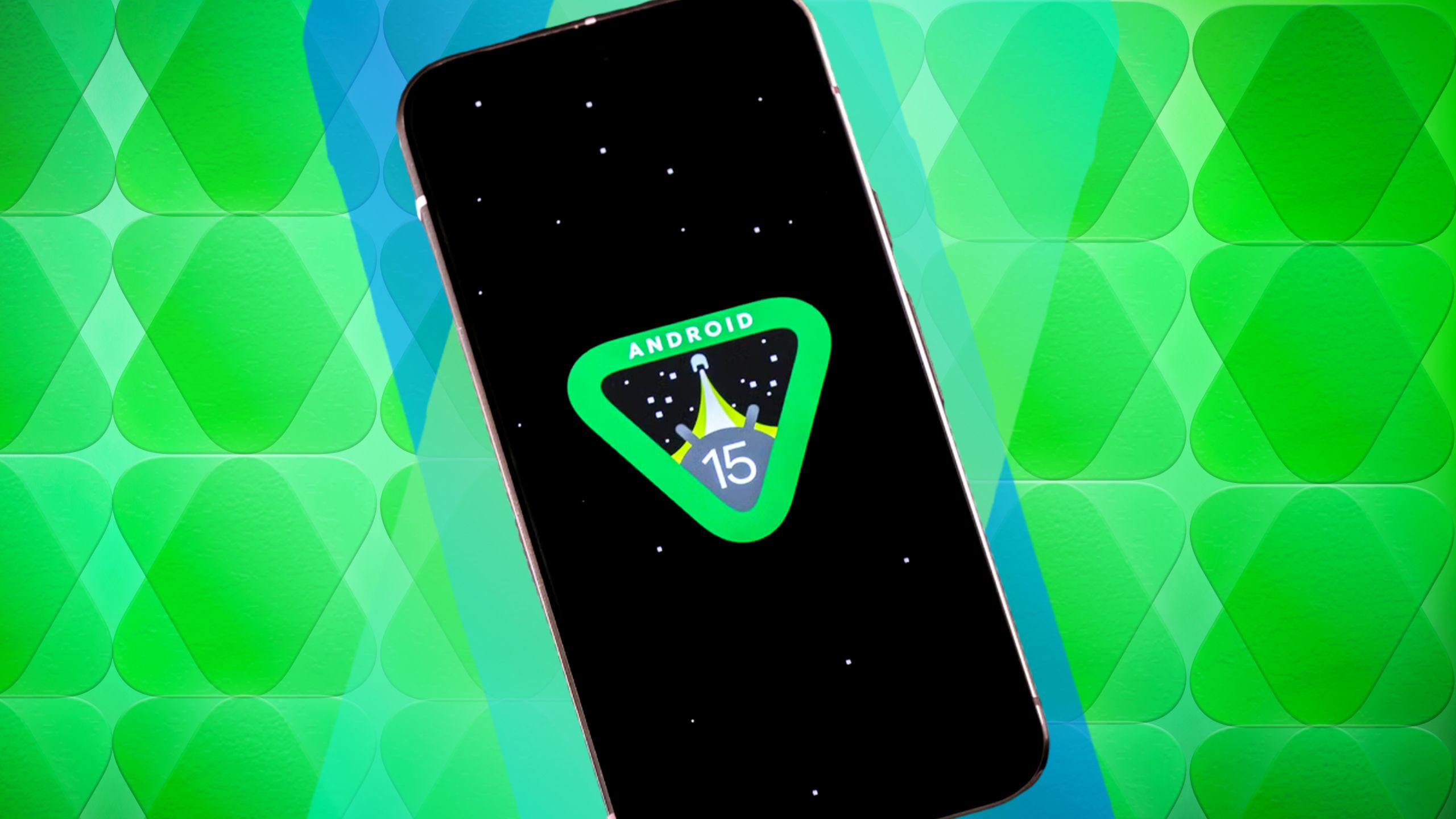 A photo illustration of a phone with the Android 15 logo against a lime green background