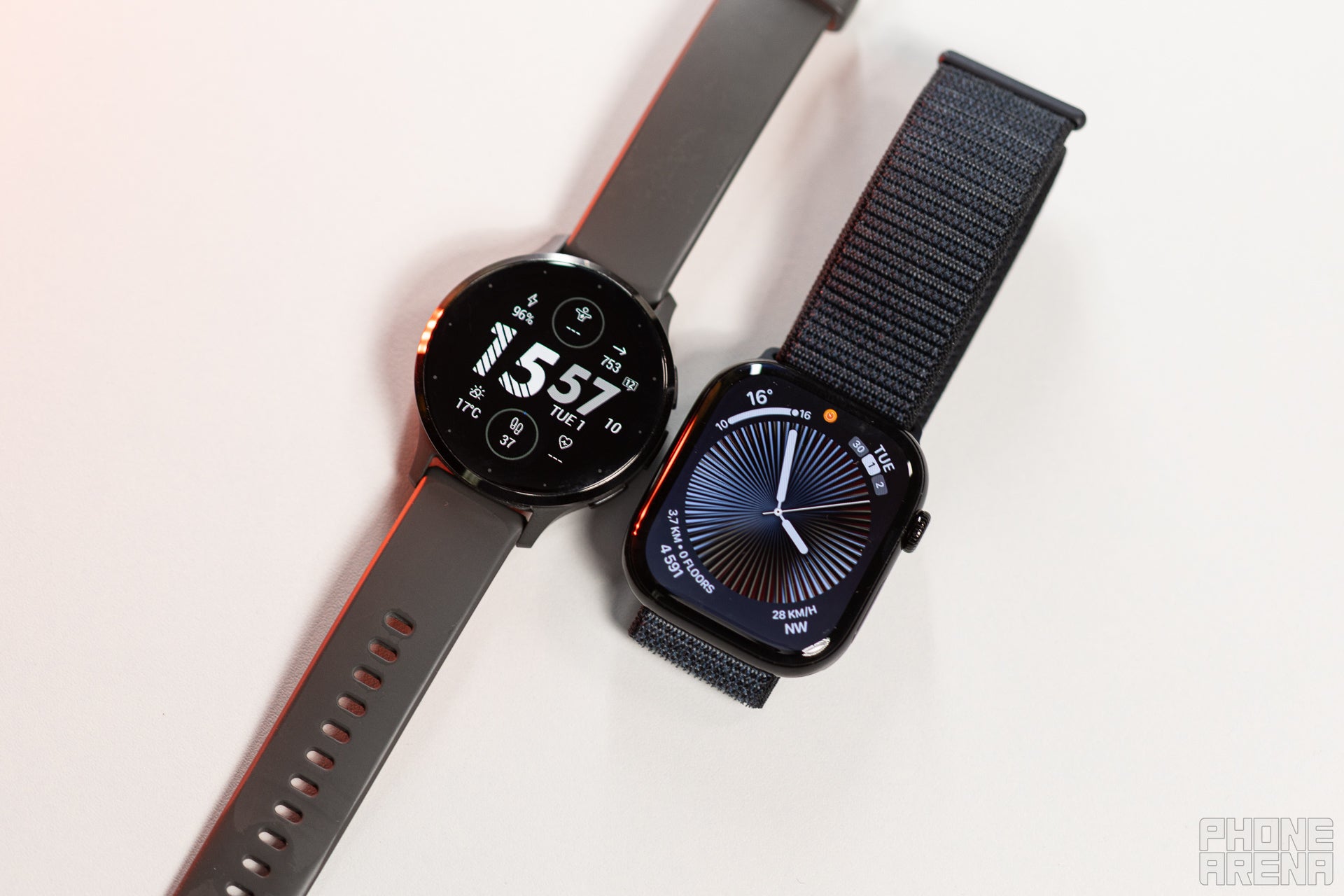 The Garmin has a round body, the Apple Watch is a rectangle (Image by PhoneArena) - Garmin Venu 3 vs Apple Watch Series 10: Which one should you go for?